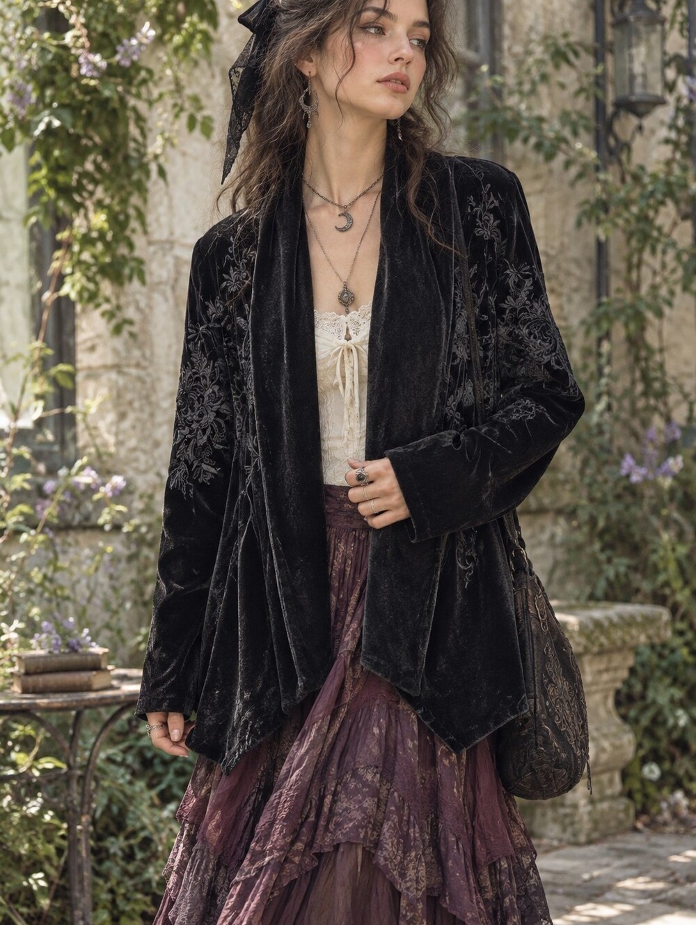 Zara Velvet Floral Embroidered Jacket Black Size XS Shawl Open‎ Front Whimsigoth
